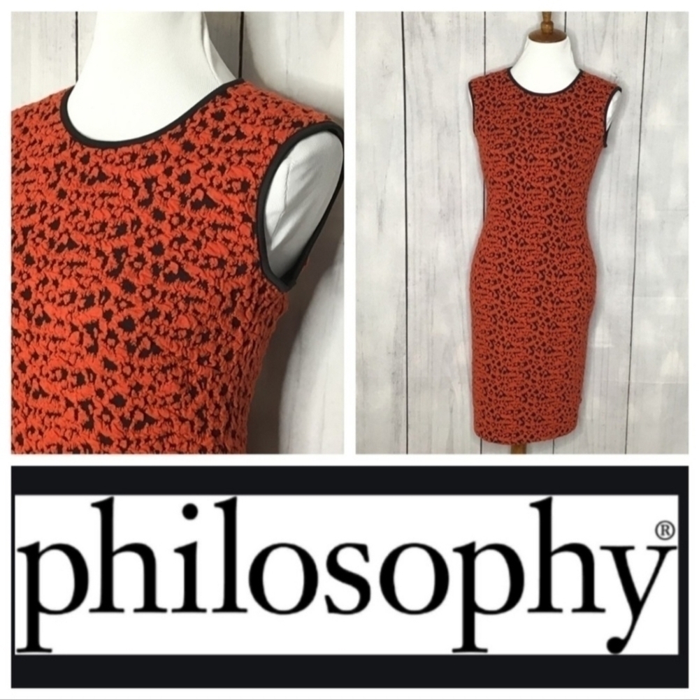 Philosophy Bodycon Dress Red Black 3D Pattern Women's Large L Sleeveless EUC